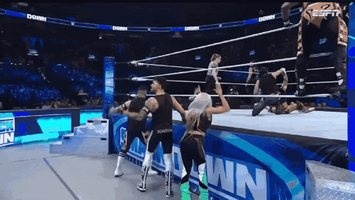 a group of wrestlers in a wrestling ring with the word down on the wall