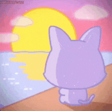 a cartoon of a purple cat looking at a sunset by kukunuws