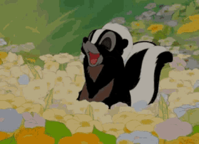 a cartoon skunk is standing in a field of flowers with its mouth open .
