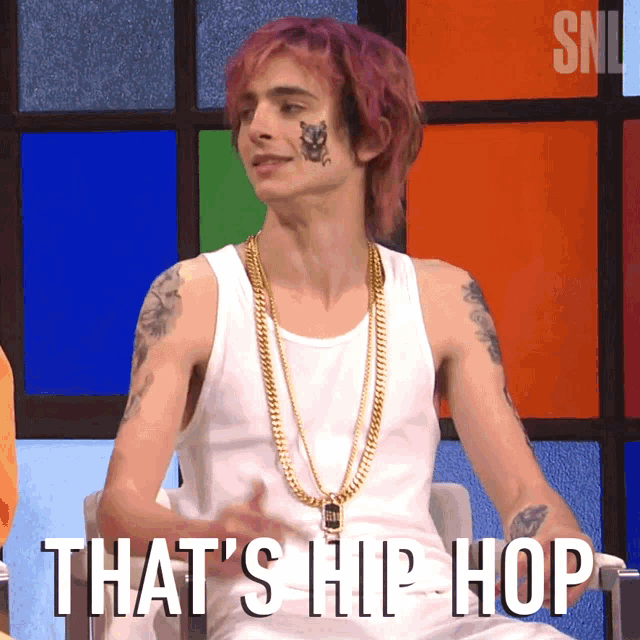 a man with purple hair is wearing a white tank top and gold chains with the words that 's hip hop written below him