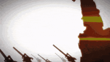 a statue of liberty is silhouetted against a white background with guns in the foreground
