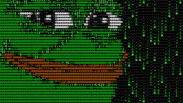 a computer screen with a picture of a man 's face made of green and orange letters .