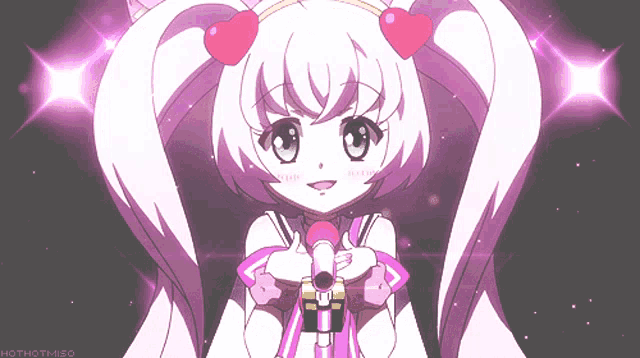 a girl with pigtails and hearts on her head is holding a microphone with the words hothotmiso below her