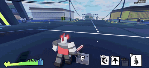 a screenshot of a video game with a character holding a sword and the letter f