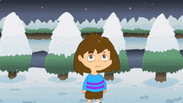 a cartoon of a girl standing in the snow with trees in the background