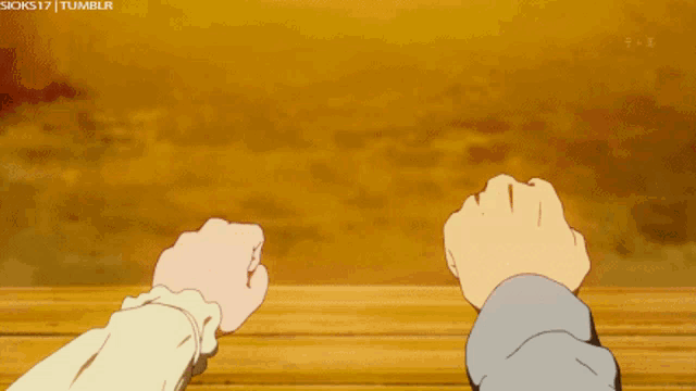 a couple of anime characters fist bump each other in front of a tumblr logo