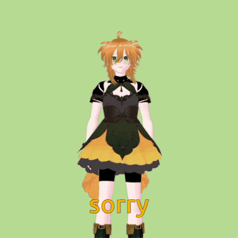 a girl in a black and yellow dress with the word sorry on the bottom