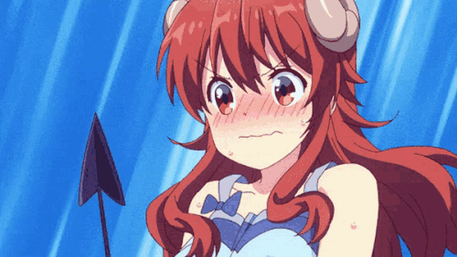 a girl with red hair and horns is making a face