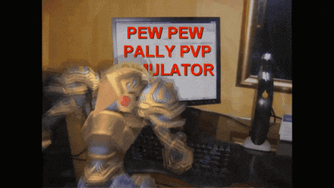 a computer screen displays a sign that says pew pew pally pvp simulator