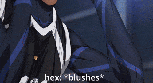 a cartoon character with the words hex * blushes * on the bottom right