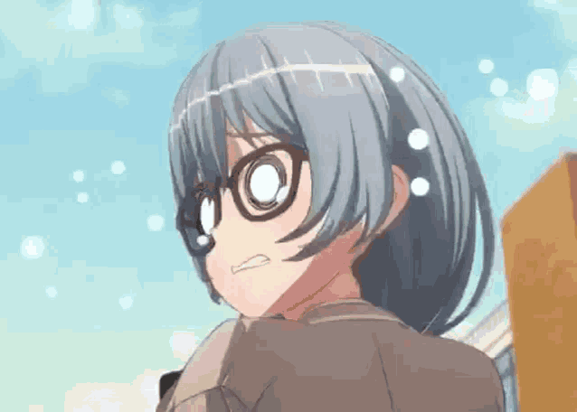 a close up of a anime girl wearing glasses and a suit .