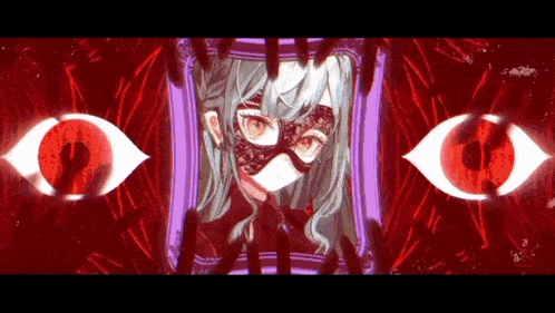a girl wearing a mask with red eyes