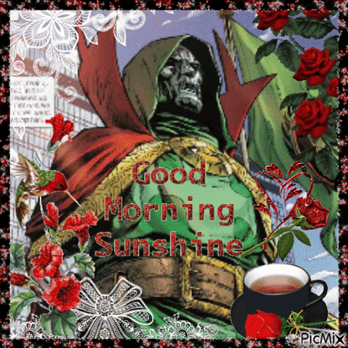 a picture of a comic book character with the words good morning sunshine written on it