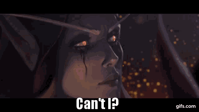 a close up of a woman 's face with red eyes and the words `` can 't i '' .