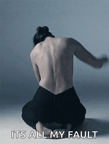 a woman is kneeling down with her back to the camera and the words it 's all my fault are above her .