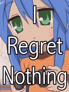a girl with blue hair and green eyes is holding a video game controller with the words `` i regret nothing '' above her .