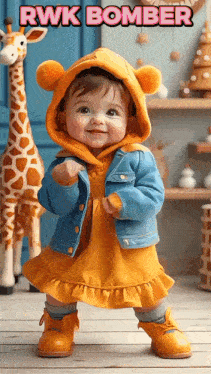 a baby wearing a blue jacket and a yellow dress with the words rwk bomber on the bottom