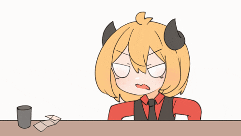 a cartoon of a girl with horns sitting at a table with a cup