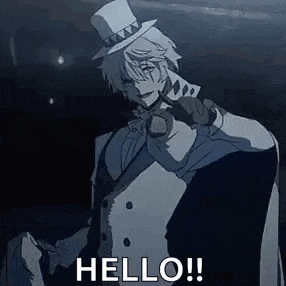 a man in a top hat and cape is pointing at the camera and saying `` hello '' .