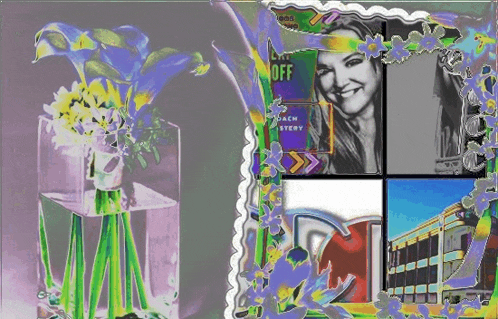 a framed picture of a woman and a sign that says " off "