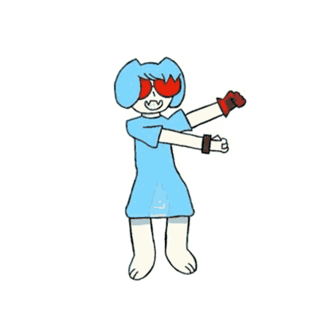 a cartoon girl in a blue dress and red sunglasses is dancing and holding a watch .