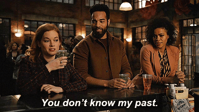 a group of people sitting at a bar with the words " you don 't know my past "
