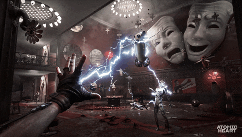 a video game called atomic heart is being played in a dark room