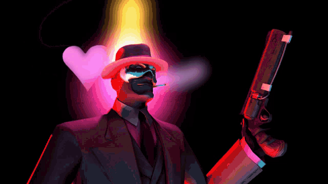 a man in a suit and hat is holding a gun