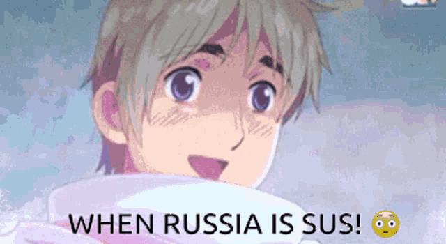 a cartoon character is holding a cup and says when russia is sus !