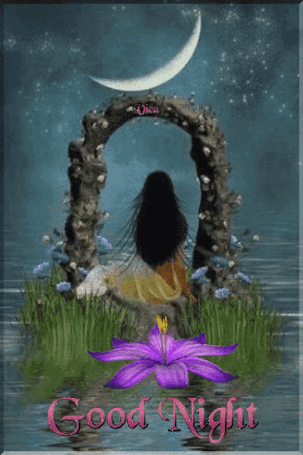 a picture of a woman and a purple flower with the words good night on it