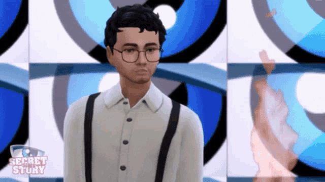 a man wearing suspenders and glasses is standing in front of a wall with the words secret story on it
