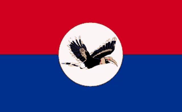 a bird with a long beak is flying in a white circle on a blue and red background