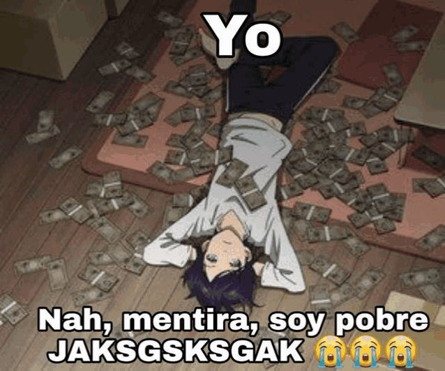 a man is laying on the floor surrounded by money and a meme .