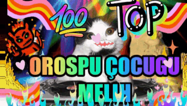 a colorful poster with a cat and the words 100 top orospu cocucu melih