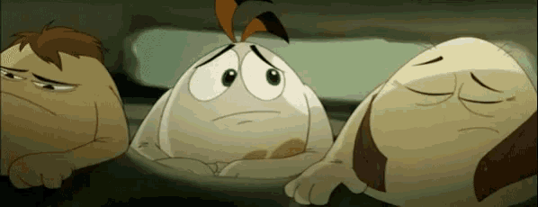 a group of cartoon characters with sad faces are sitting next to each other