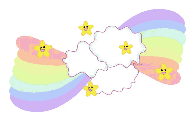 a cartoon drawing of a candy with a rainbow and yellow stars and the name piacca on the bottom