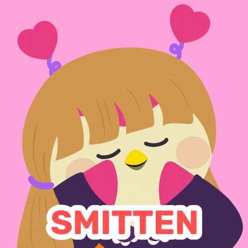 a cartoon girl with hearts on her head and the word smitten below her
