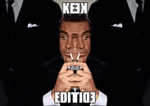 a man in a suit and tie is smoking a cigarette and holding a pair of scissors .