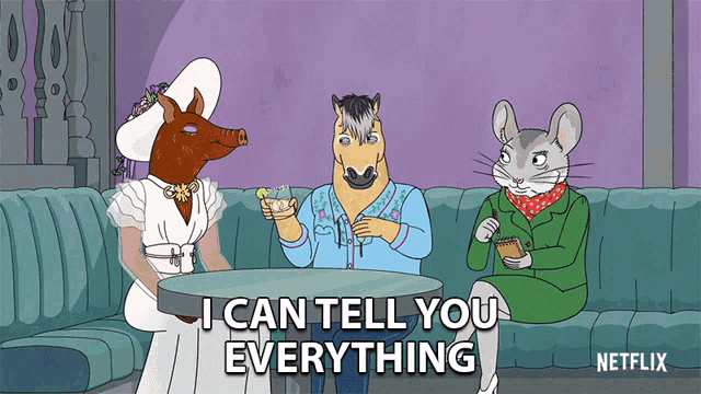 a cartoon of horses sitting at a table with a mouse saying i can tell you everything