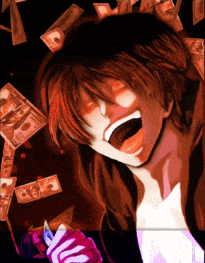 a man is surrounded by 100 dollar bills and is laughing