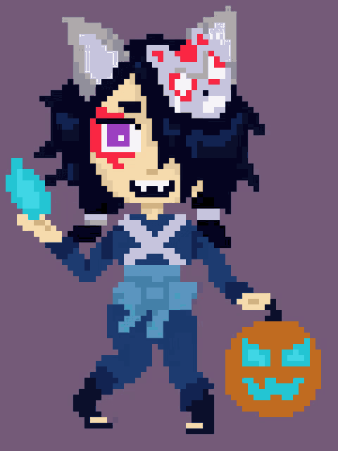 a pixel art of a person holding a pumpkin and a blue object