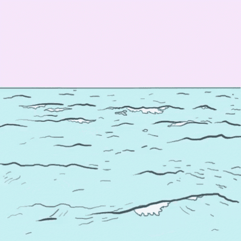 a cartoon drawing of the ocean with waves and a pink sky in the background .