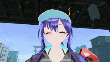 a girl with purple hair and a blue hat is smiling