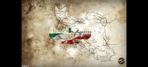 a drawing of a map of iran with a flag in the middle