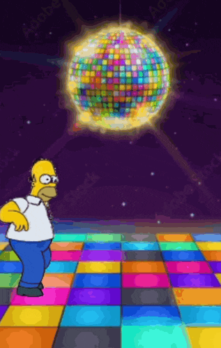 homer simpson standing on a colorful dance floor with a disco ball in the background