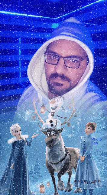 a man in a blue hoodie is surrounded by elsa and sven