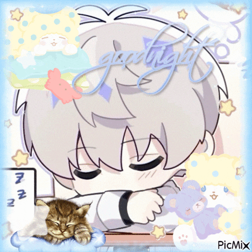 a picture of a boy sleeping next to a cat with the words goodnight written on it