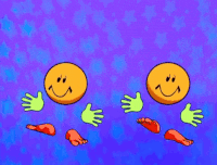two orange smiley faces with green hands and feet on a purple background