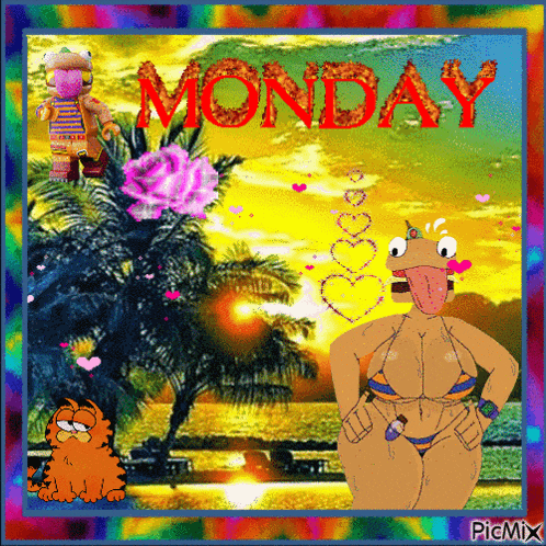 a picture of garfield and a frog with the word monday in red