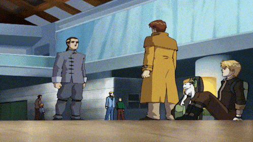 a group of cartoon characters are standing in a hallway and one of them is wearing a yellow coat